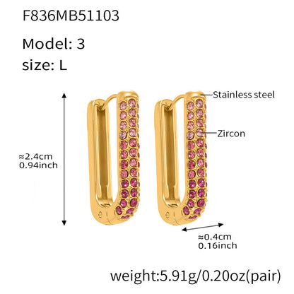Stainless Steel Long U-Shaped Hoop Earrings with 5A Zircon – Elegant Colorful Statement Fashion Jewelry