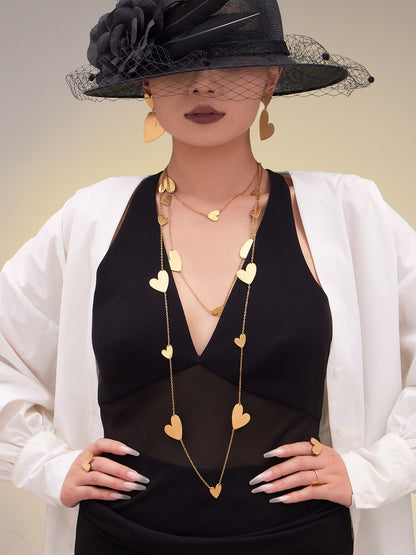 Stainless Steel Heart Sweater Chain Jewelry Set – Long Heart Necklace + Heart Earrings + Heart Ring | Fashion Gift Set