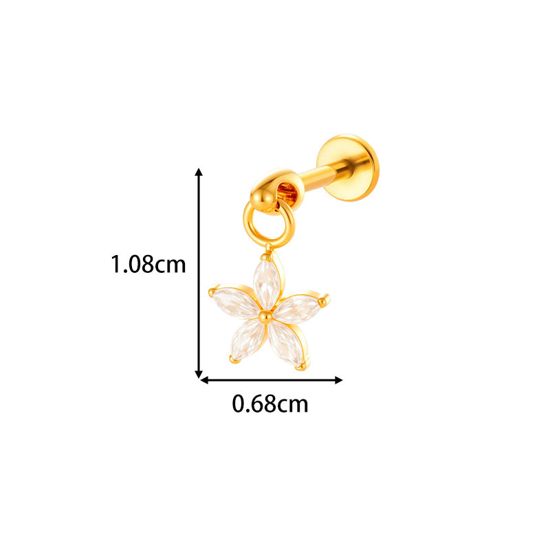 G23/F136 Titanium Internally Threaded Flat Back Lip Stud & Earring – Zircon Flower & Heart Dangle Piercing Jewelry for Women, Gold & Silver