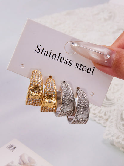 Stainless Steel Five-Petal Flower Zircon Earrings – Elegant Floral Drop Earrings, High-End Fashion Jewelry for Women