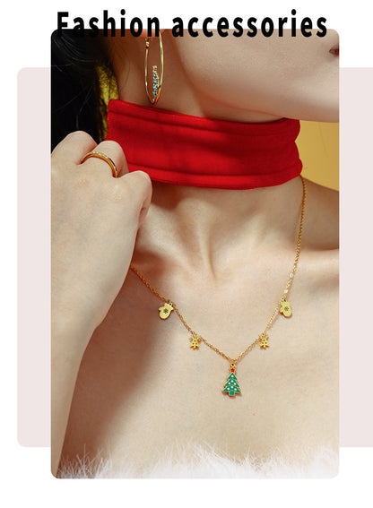 Gold Stainless Steel Christmas Necklace | Green Christmas Tree Pendant with Oil Drop & Zircon