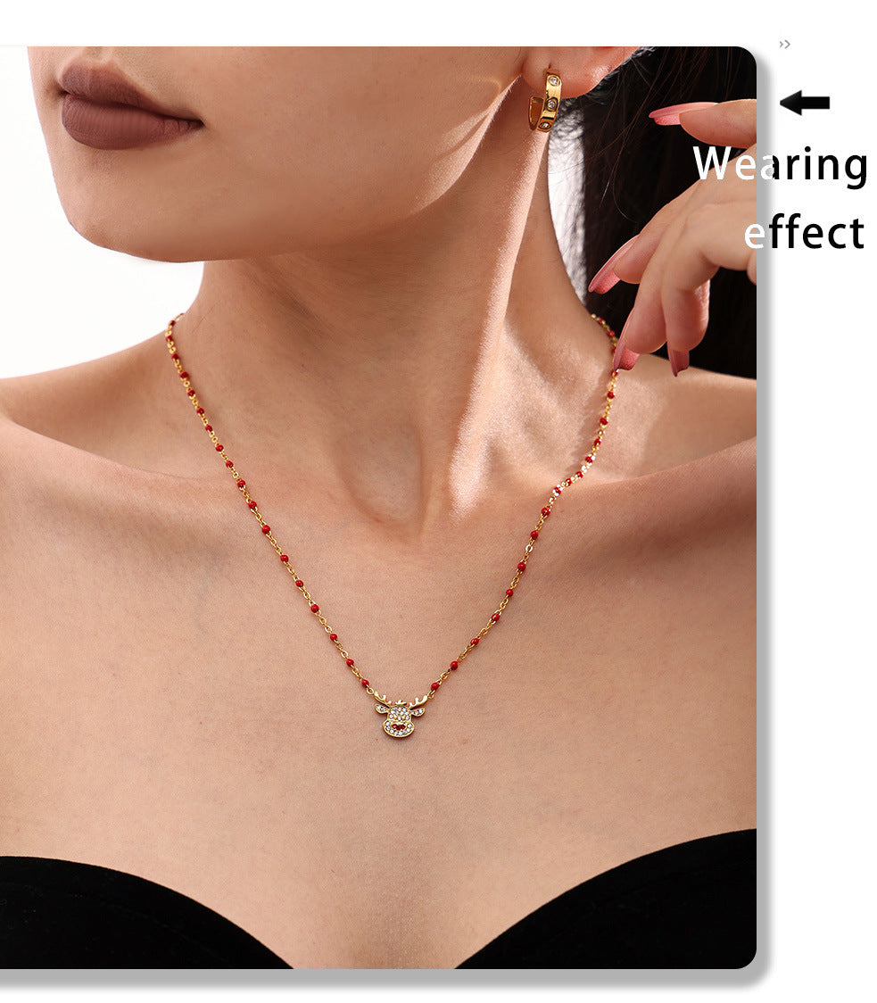 Gold Stainless Steel Christmas Bell & Reindeer Zircon Pendant Necklace | Festive Holiday Jewelry Gift
