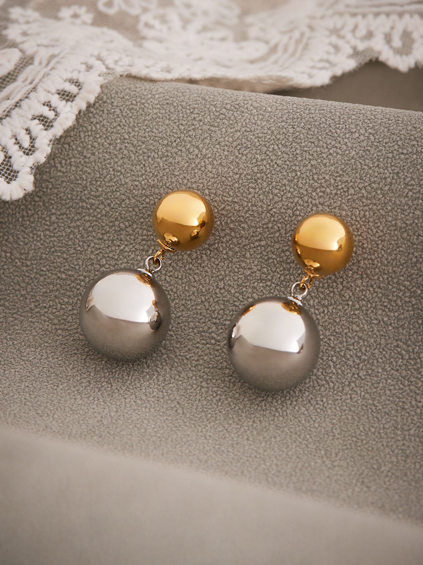 Stainless Steel Two-Tone Ball Drop Earrings – Minimalist Modern Dangle Studs | Fashion Jewelry