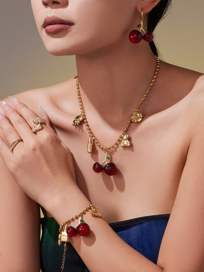 Cherry Zircon Jewelry Set | Gold & Silver Stainless Steel Necklace, Bracelet & Earrings | Trendy Red Resin Cherry Collection by WANTI Jewelry