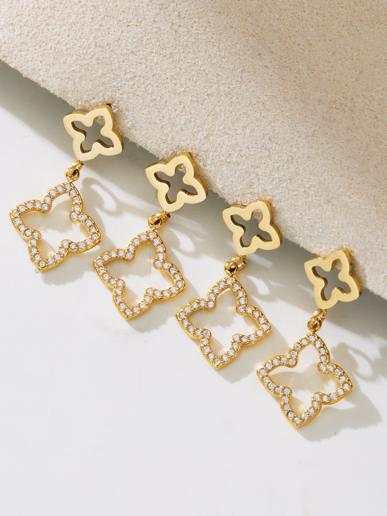 Stainless Steel Four-Leaf Clover Zirconia Jewelry Set – Necklace, Earrings & Ring | Minimalist Lucky Clover Jewelry | Fashion Stainless Steel Accessories