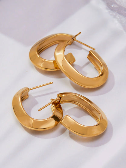 Stainless Steel Oval Hoop Earrings – Minimalist Polished Metal Huggie Earrings for Women, Fashion Statement Jewelry