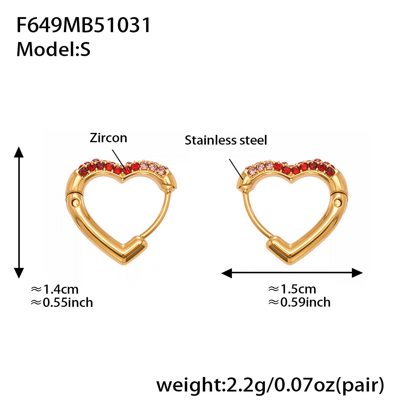 Colorful Cubic Zirconia Heart Hoop Earrings Set | Stainless Steel Simple Chic Ear Cuff for Women