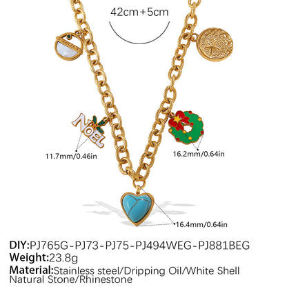 Halloween Christmas Gold Plated Stainless Steel Necklace - Heart Tree Tassel Pendant - Drip Oil Design - Minimalist Fashion Jewelry for Women