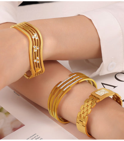 Geometric Stainless Steel Bangle with Czech Diamond & Color Ceramic Glaze – Layered Retro Bracelet Collection | WANTI Jewelry