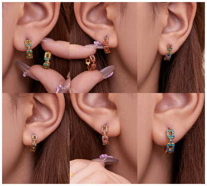 Geometric Hollow Zircon Earrings | Stainless Steel Colorful Micro Paved Hoop Earrings | Minimalist Modern Fashion Jewelry