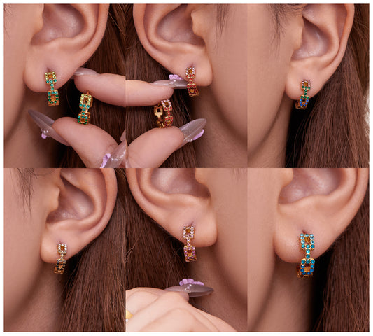Geometric Hollow Zircon Earrings | Stainless Steel Colorful Micro Paved Hoop Earrings | Minimalist Modern Fashion Jewelry
