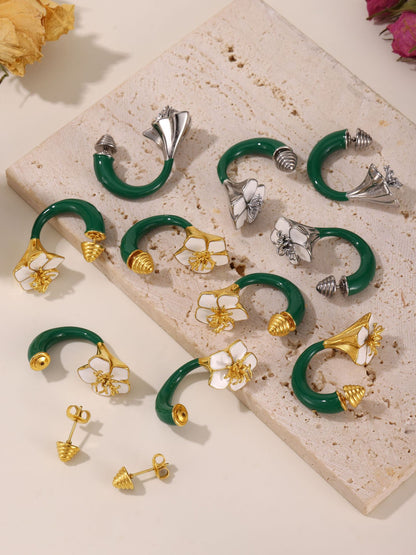 Enamel Camellia Screw Earrings – Elegant Double-Sided Stainless Steel Floral Earrings for Women