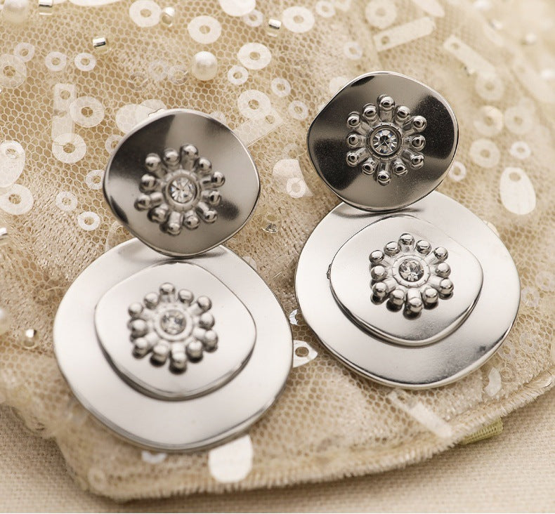 Vintage Floral Crystal Drop Earrings – Stainless Steel Elegant Retro Jewelry for Women