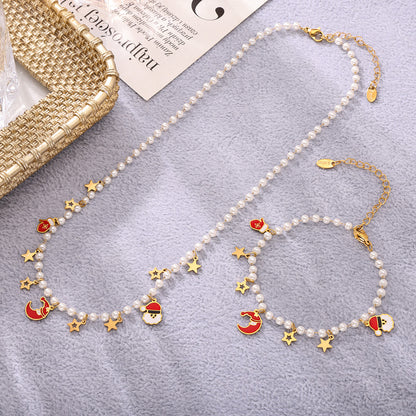 Christmas Santa Hat Star Gloves Pendant Necklace & Bracelet Set – Gold Plated Stainless Steel with Faux Pearl & Enamel
