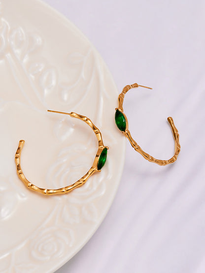 Geometric Bamboo C-Shaped Hoop Earrings with Glass Stone | Minimalist Stainless Steel Jewelry
