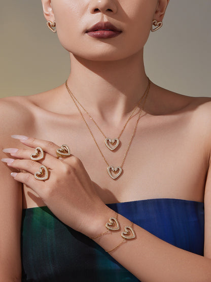 Stainless Steel Zircon Double Swan Heart Necklace, Bracelet, Ring & Earrings Jewelry Set