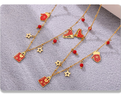 Gold Stainless Steel Garnet Christmas Necklace & Bracelet | Festive Gift Jewelry Set for Women