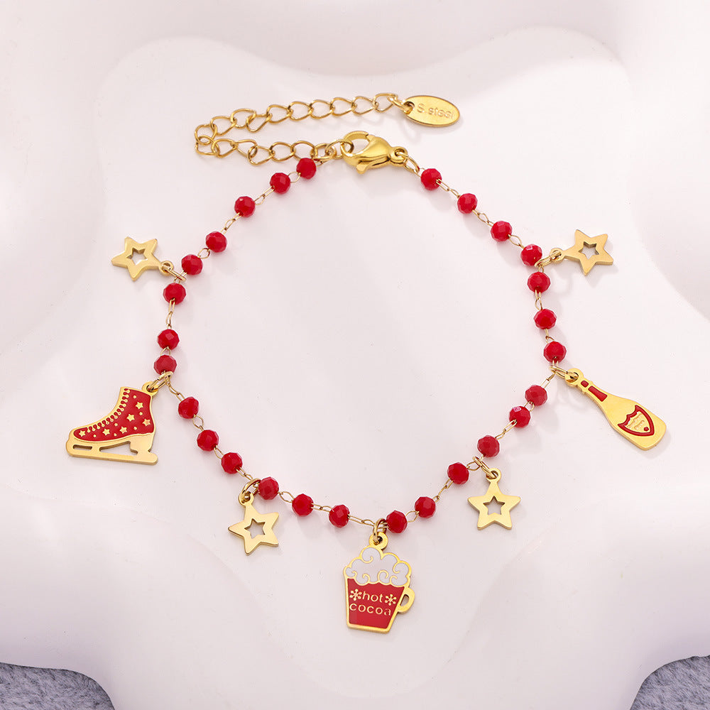 Christmas Ice Skate Star Champagne Pendant Enamel Necklace & Bracelet Set – Gold Plated Stainless Steel Festive Jewelry