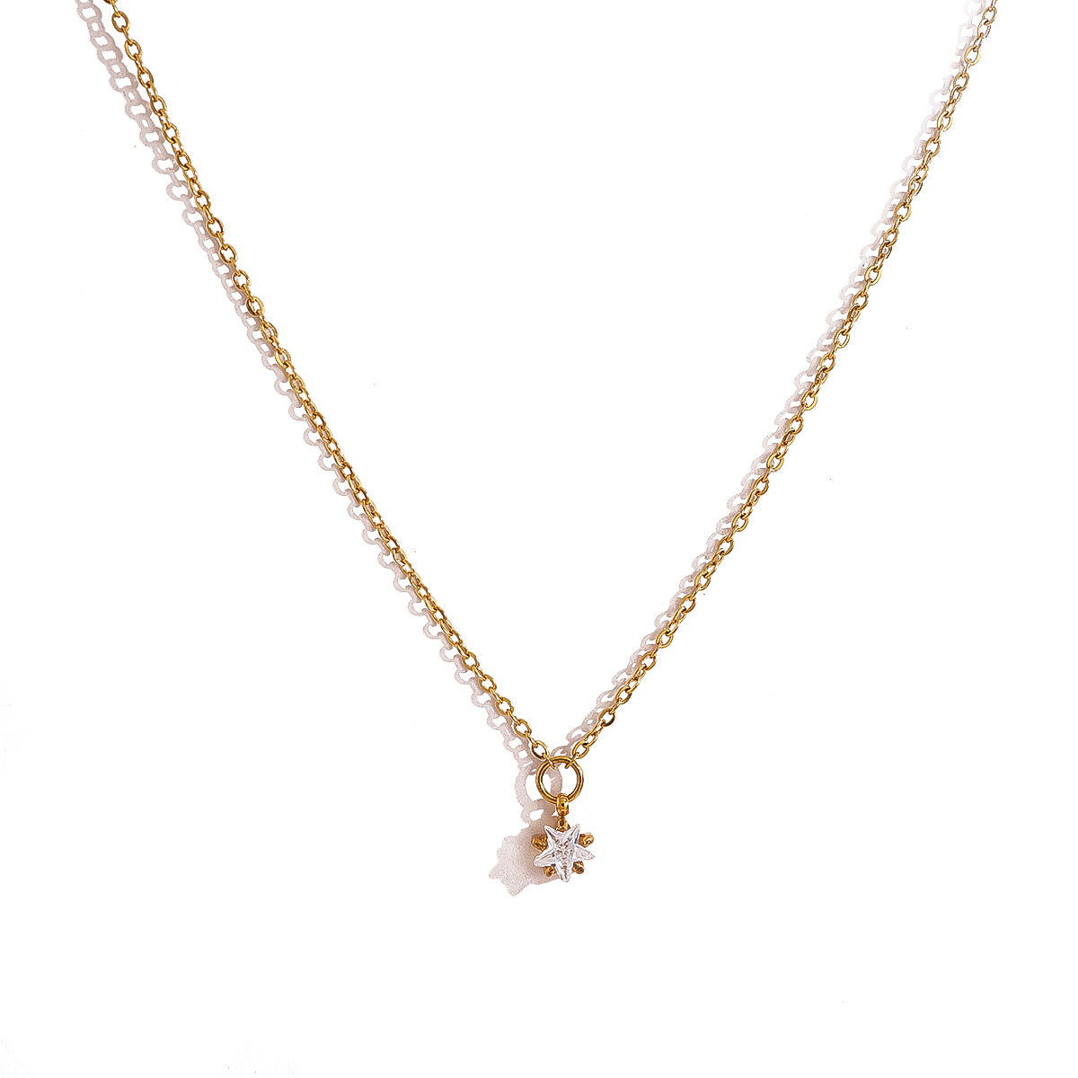 18K Gold Plated Stainless Steel Sun & Star Pendant Necklace – Minimalist Layered Crystal Jewelry for Women