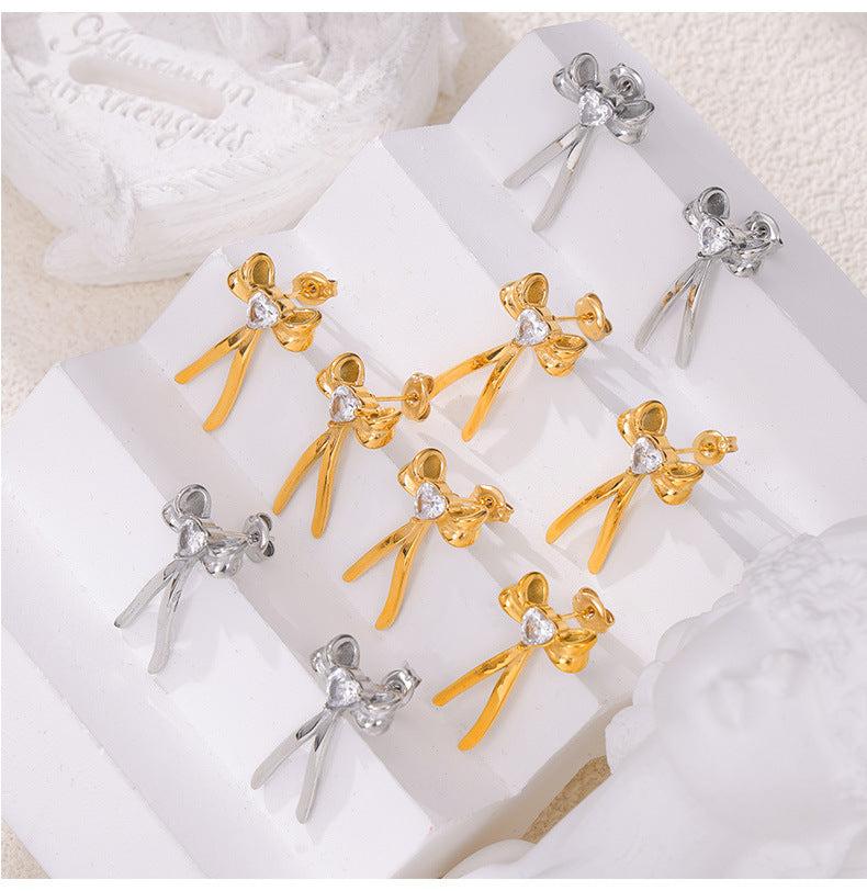 Bow-Knot Earrings with Zircon – Stainless Steel Fashion Jewelry | Cute Elegant Gift for Women | Hypoallergenic Daily Wear