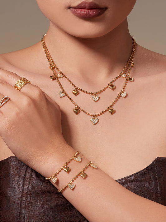 Hollow Heart Zircon Stainless Steel Necklace Bracelet Anklet Earrings – Minimalist Romantic Jewelry Set