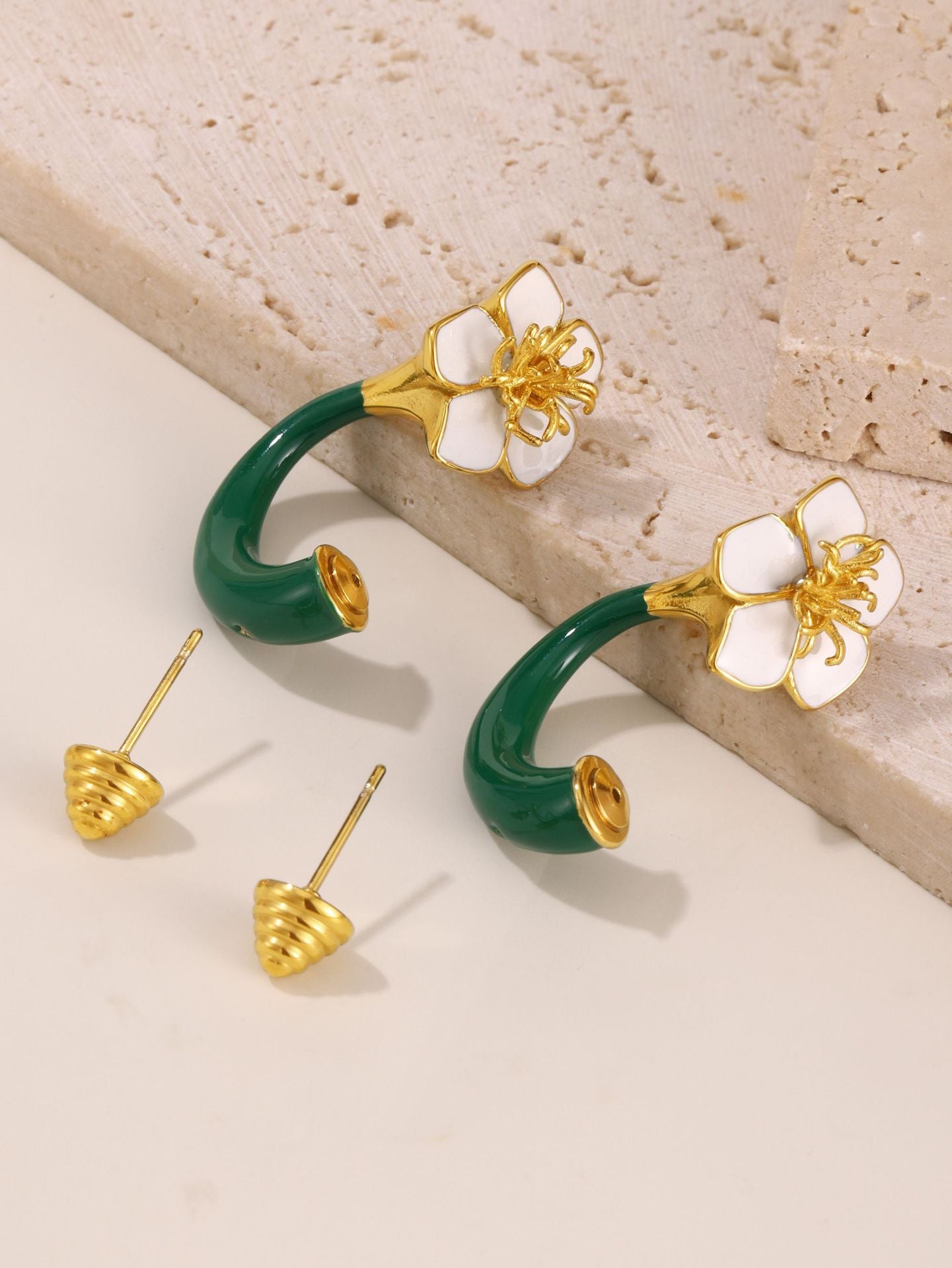 Enamel Camellia Screw Earrings – Elegant Double-Sided Stainless Steel Floral Earrings for Women