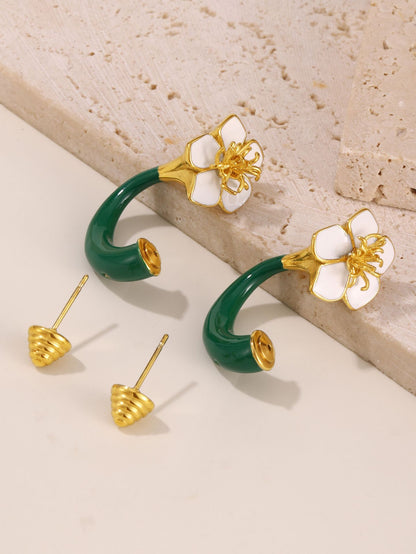 Enamel Camellia Screw Earrings – Elegant Double-Sided Stainless Steel Floral Earrings for Women