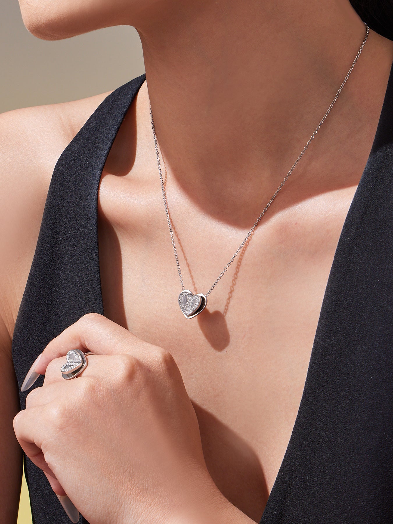 Double Heart Zircon Pendant Necklace, Earrings & Ring Jewelry Set - Gold & Steel Stainless Steel
