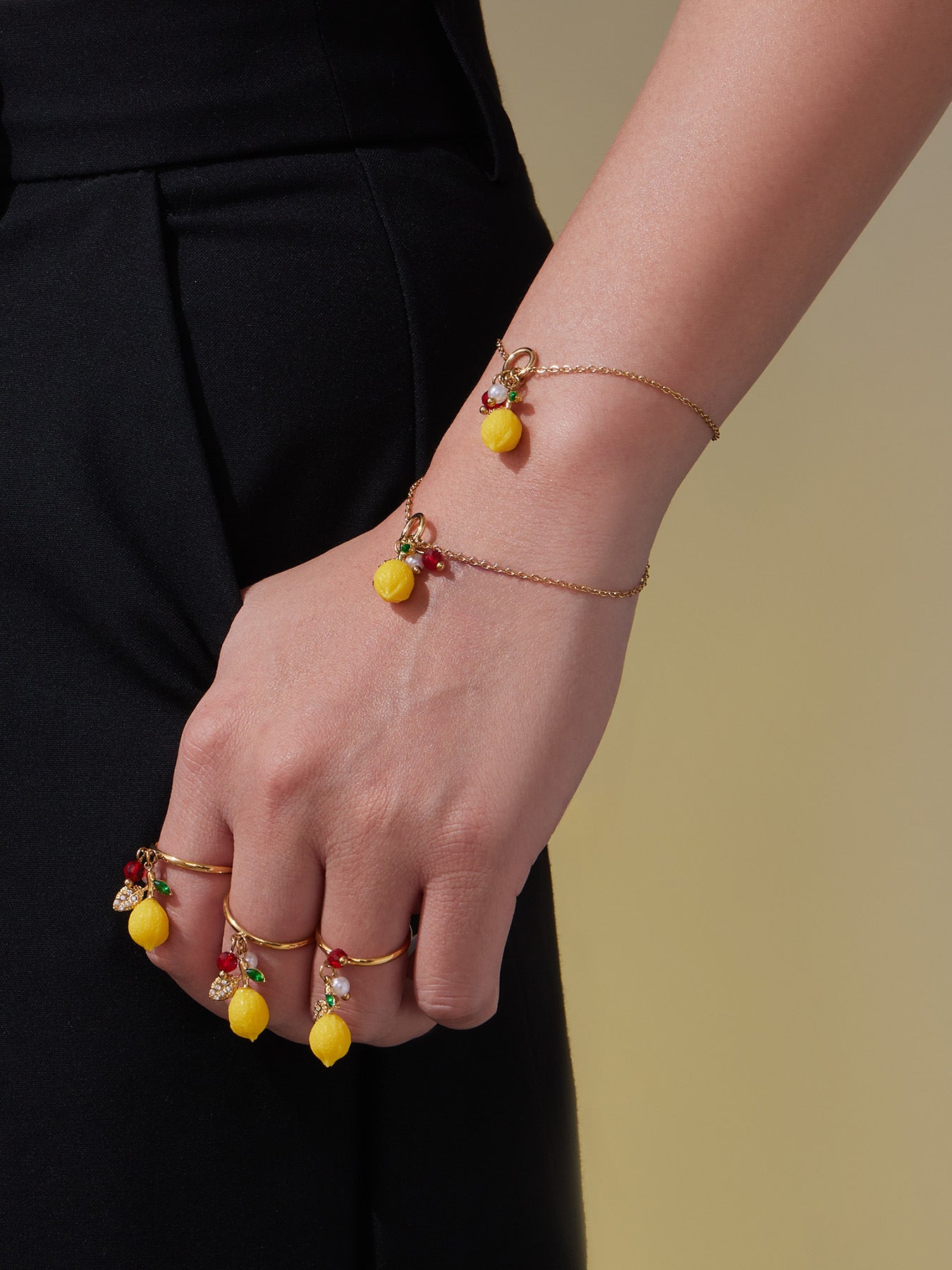 Stainless Steel Resin Lemon Zircon Pendant Necklace, Earrings, Bracelet & Ring Jewelry Set