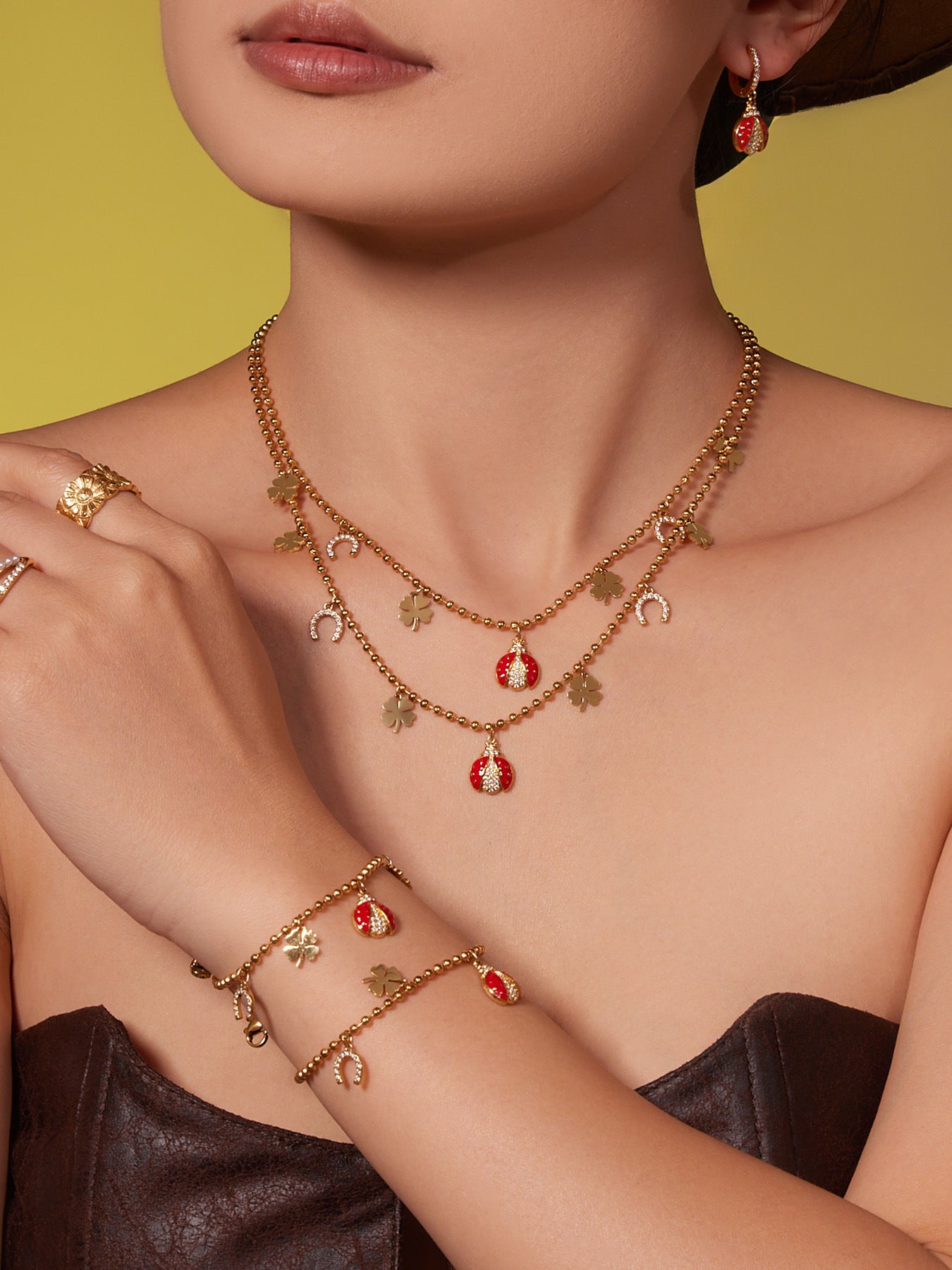 Ladybug Pendant Necklace & Earrings Bracelet Anklet Set – Stainless Steel Cute Lucky Beetle Jewelry