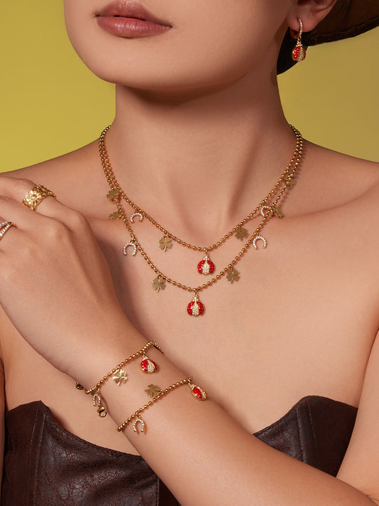 Ladybug Pendant Necklace & Earrings Bracelet Anklet Set – Stainless Steel Cute Lucky Beetle Jewelry