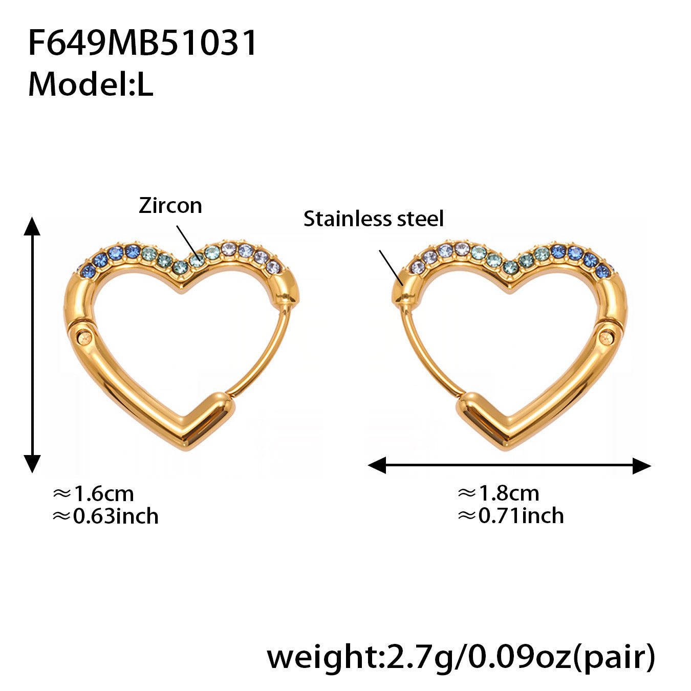 Colorful Cubic Zirconia Heart Hoop Earrings Set | Stainless Steel Simple Chic Ear Cuff for Women