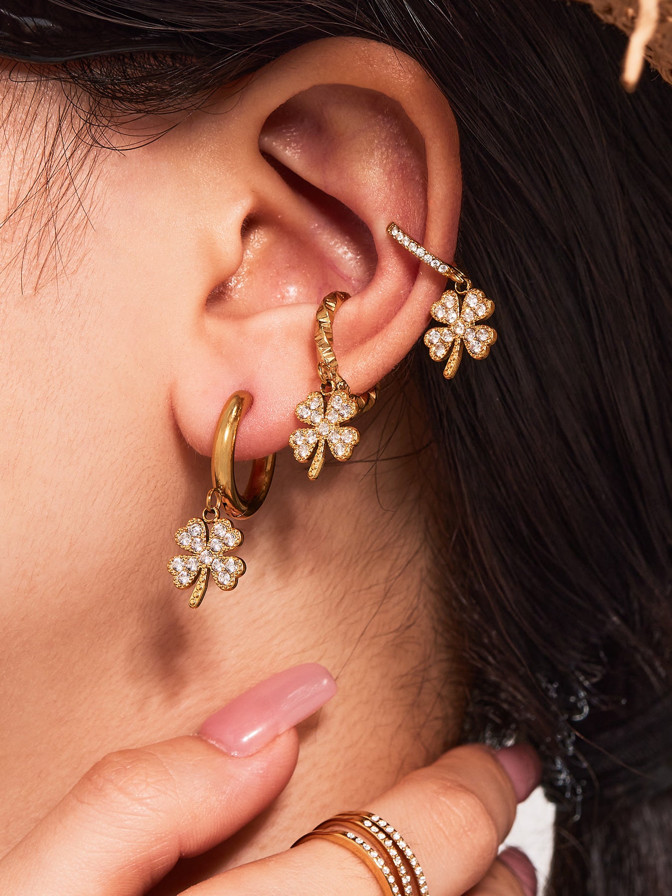 Stainless Steel Zircon Clover Dangle Earrings Set – U-Shaped Hoop Layering Earrings | Lucky Four-Leaf Clover Jewelry Gift for Women