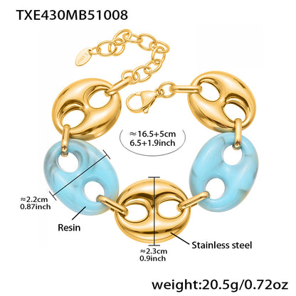 Colorful Resin Pig Nose Pendant Jewelry Set – Stainless Steel Necklace, Bracelet & Earrings | Trendy Chunky Chain Fashion Accessories