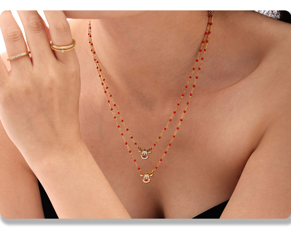 Gold Stainless Steel Christmas Bell & Reindeer Zircon Pendant Necklace | Festive Holiday Jewelry Gift