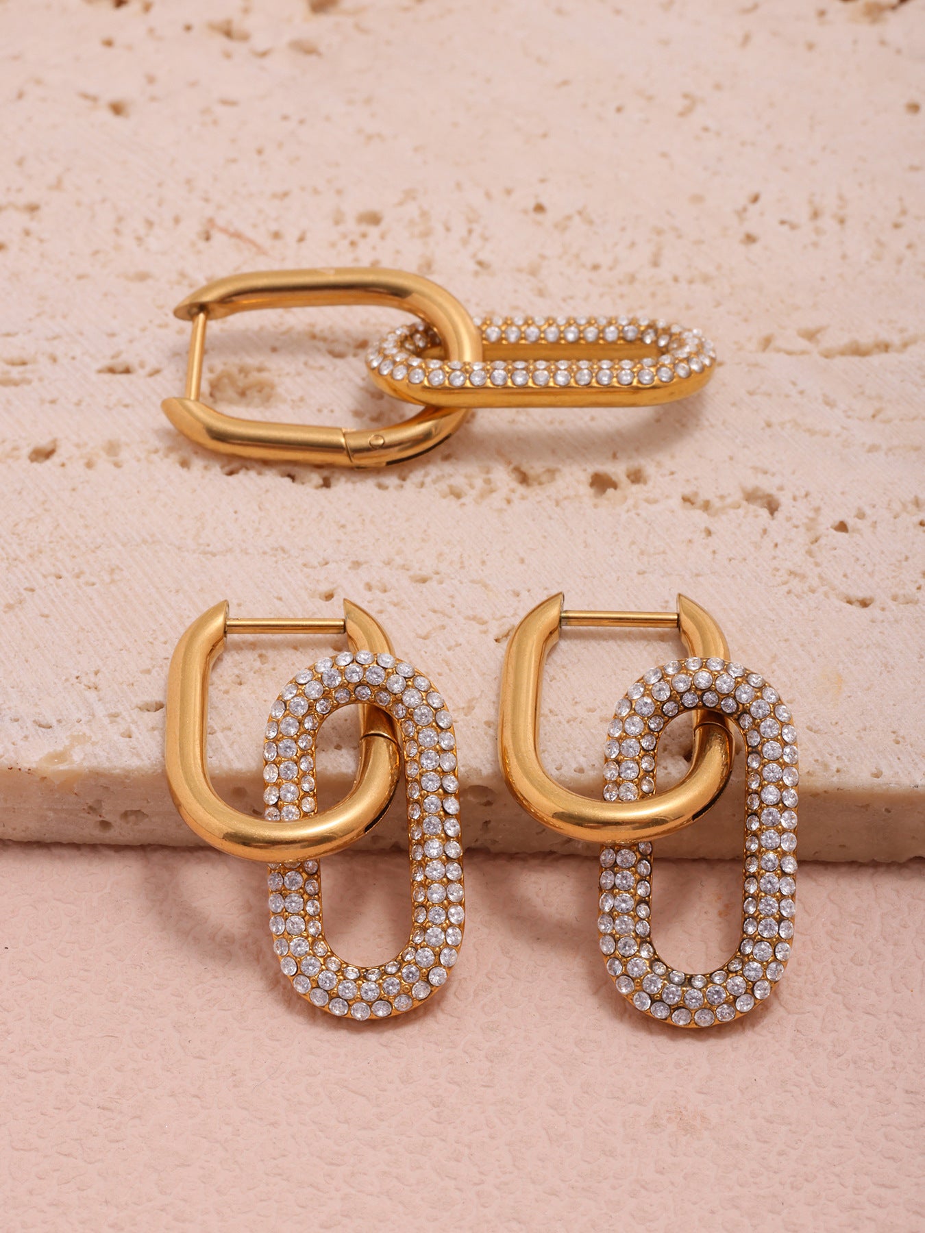 Gold Oval Zircon Dangle Earrings – Elegant Stainless Steel Full Zircon Hoop Earrings for Women