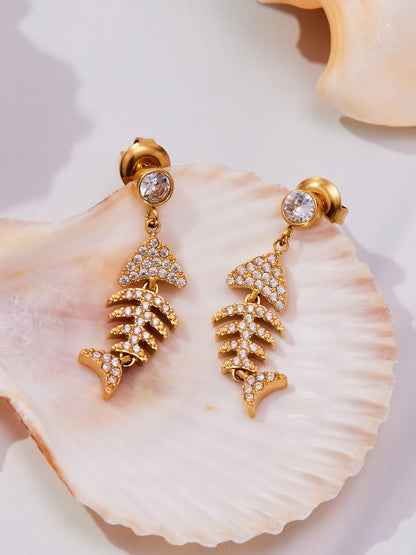 Stainless Steel Fishbone Drop Earrings & Ear Cuff Set – Modern Minimalist Statement Jewelry | WANTI