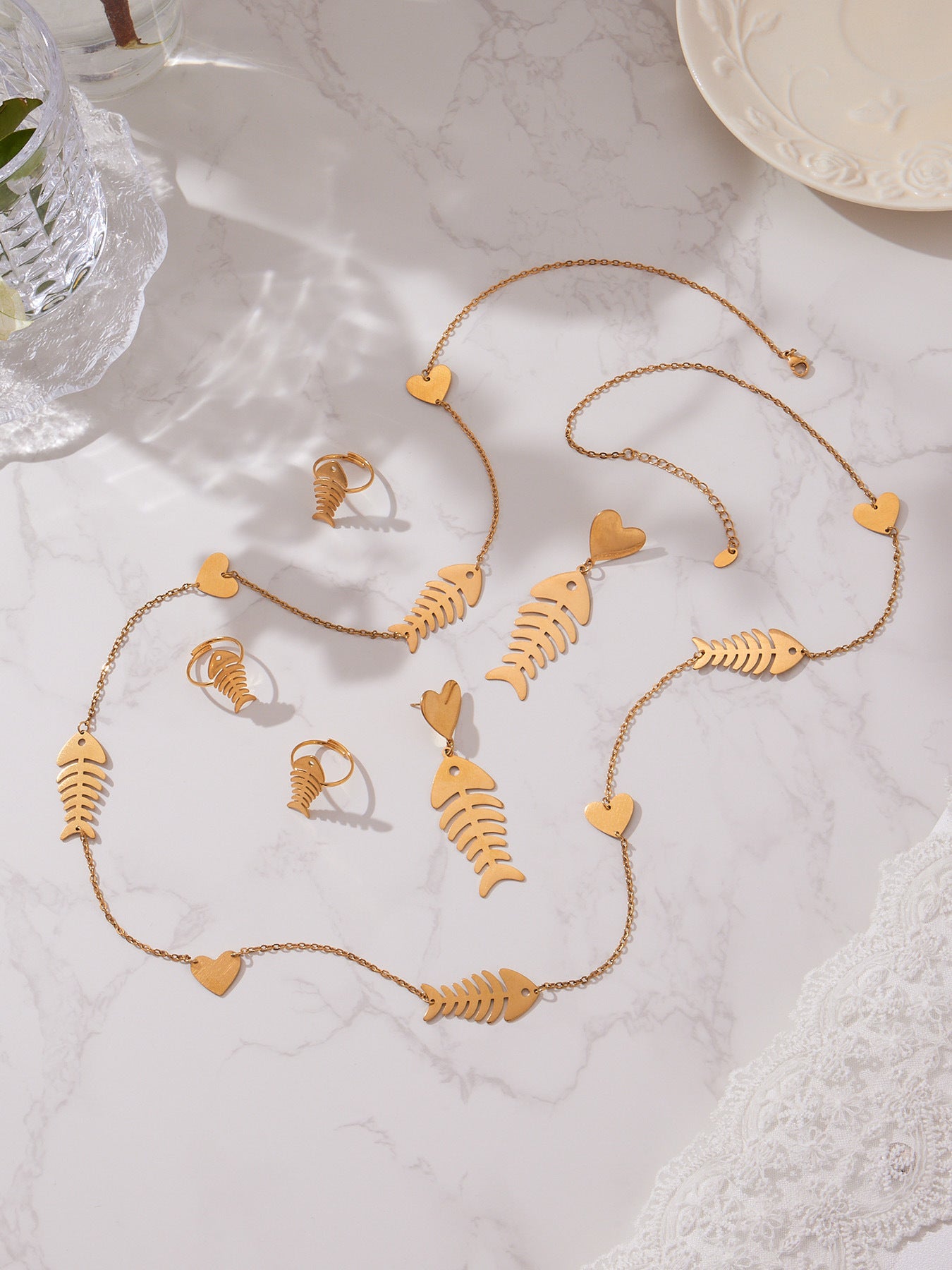 Hollow Fishbone Heart Necklace, Earrings & Ring Set – Long Sweater Chain Jewelry, Fashion Statement Set for Women