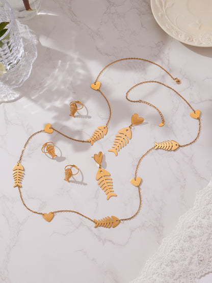 Hollow Fishbone Heart Necklace, Earrings & Ring Set – Long Sweater Chain Jewelry, Fashion Statement Set for Women