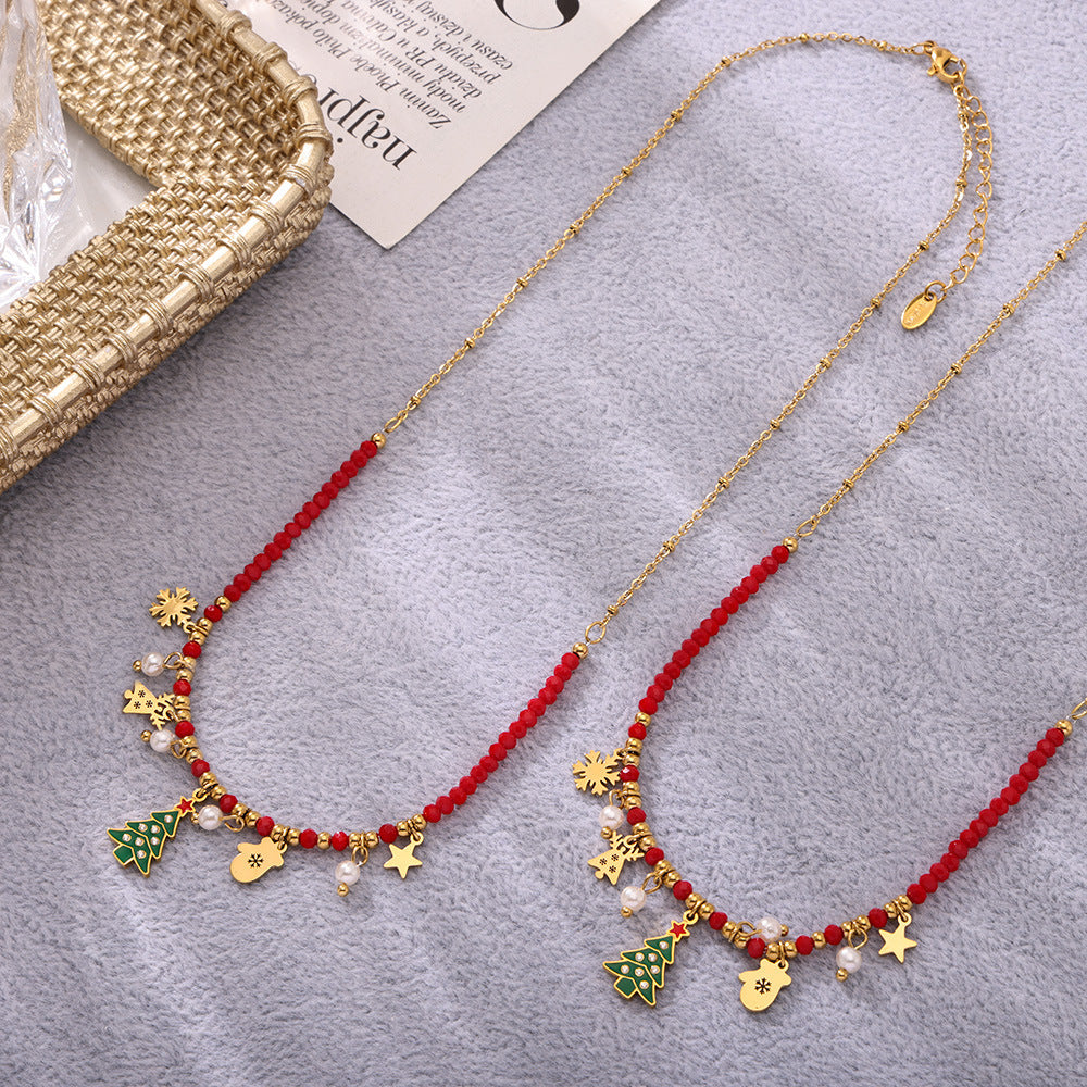 Gold Stainless Steel Christmas Necklace Collection | Reindeer, Tree, Bell, Sock, and Gift Box Oil Drop Zircon Pendants