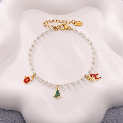 Christmas Tree Reindeer Glove Pendant Imitation Pearl Enamel Necklace & Bracelet Set – Stainless Steel Gold Plated Holiday Jewelry