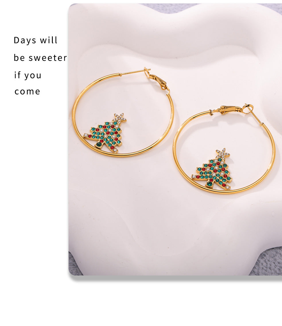 Gold Stainless Steel Christmas Tree Zircon Hoop Earrings | Festive Statement Jewelry for Holiday Style – WANTI Jewelry