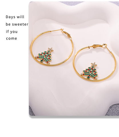 Gold Stainless Steel Christmas Tree Zircon Hoop Earrings | Festive Statement Jewelry for Holiday Style – WANTI Jewelry