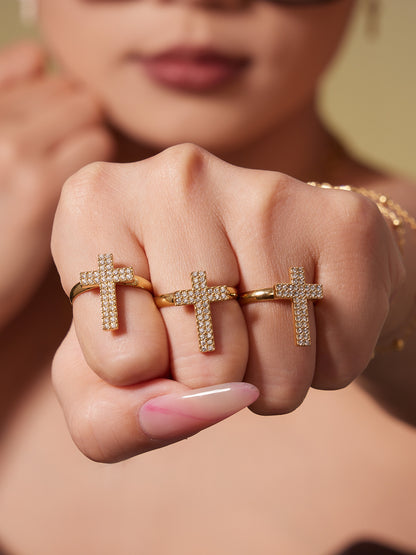 Gold Stainless Steel Cross Zirconia Necklace, Bracelet, Earrings & Ring | Minimalist Cross Jewelry Set