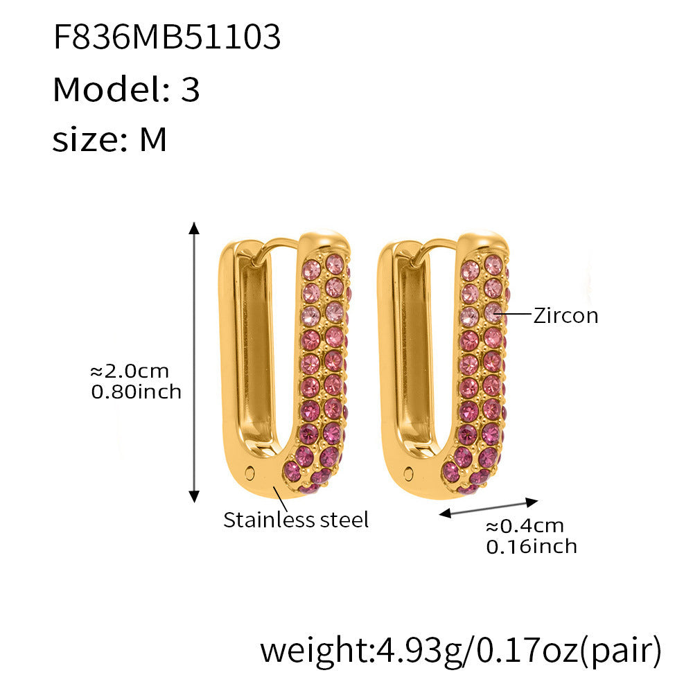 Stainless Steel Long U-Shaped Hoop Earrings with 5A Zircon – Elegant Colorful Statement Fashion Jewelry