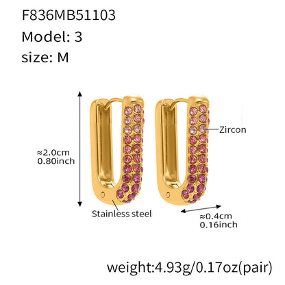 Stainless Steel Long U-Shaped Hoop Earrings with 5A Zircon – Elegant Colorful Statement Fashion Jewelry