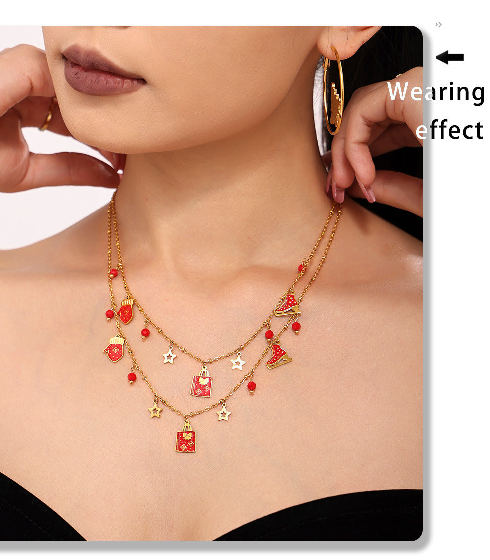 Gold Stainless Steel Garnet Christmas Necklace & Bracelet | Festive Gift Jewelry Set for Women