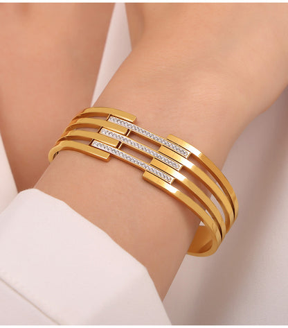 Geometric Stainless Steel Bangle with Czech Diamond & Color Ceramic Glaze – Layered Retro Bracelet Collection | WANTI Jewelry