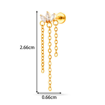 Implant Grade ASTM F136 Titanium Threadless Push Pin Zircon Chain Dangle Flat Back Stud | Geometric Cartilage Helix Tragus Lip Piercing Jewelry
