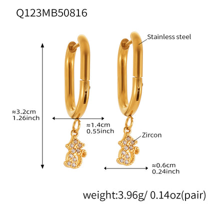Trendy Stainless Steel Zircon Pendant Hoop Earrings Set – Creative Human & Animal Shapes, Gold Plated Fashion Jewelry